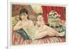 Semi-Nude Asian Woman with Infant and Cats-null-Framed Art Print