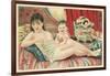 Semi-Nude Asian Woman with Infant and Cats-null-Framed Art Print