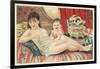 Semi-Nude Asian Woman with Infant and Cats-null-Framed Art Print