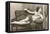 Semi-nude Woman on Cane Divan Looking in Mirror-null-Framed Stretched Canvas