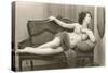 Semi-nude Woman on Cane Divan Looking in Mirror-null-Stretched Canvas