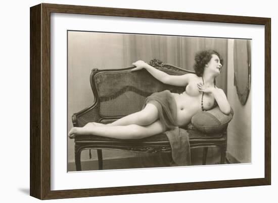 Semi-nude Woman on Cane Divan Looking in Mirror-null-Framed Art Print