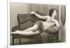 Semi-nude Woman on Cane Divan Looking in Mirror-null-Framed Art Print