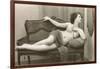 Semi-nude Woman on Cane Divan Looking in Mirror-null-Framed Art Print