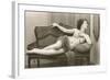 Semi-nude Woman on Cane Divan Looking in Mirror-null-Framed Art Print