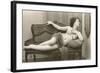 Semi-nude Woman on Cane Divan Looking in Mirror-null-Framed Art Print