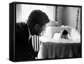 Sen. John F. Kennedy Playing Peek-A-Boo with His Daughter Caroline in Her Crib-Ed Clark-Framed Stretched Canvas