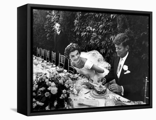 Sen. John Kennedy and His Bride Jacqueline in Their Wedding Attire-Lisa Larsen-Framed Stretched Canvas