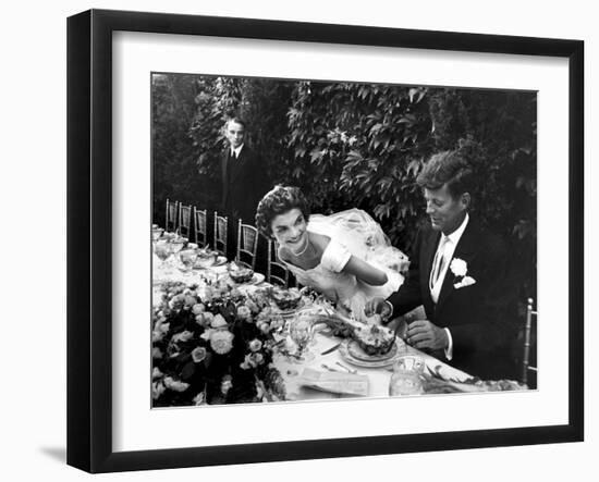 Sen. John Kennedy and His Bride Jacqueline in Their Wedding Attire-Lisa Larsen-Framed Photographic Print