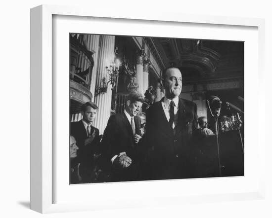 Sen. Lyndon B. Johnson Shaking Hands with Sen. John F. Kennedy as Robert F. Kennedy Watches-null-Framed Photographic Print