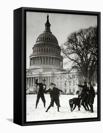 Senate Page Snowball Fight, c.1909-1932-Science Source-Framed Stretched Canvas
