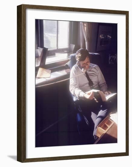 Senator Edward M. Kennedy on the Phone in His Office, Probably in Washington Dc-John Loengard-Framed Photographic Print