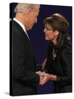 Senator Joe Biden and Governor Sarah Palin Shake Hands before the Start of Vice Presidential Debate-null-Stretched Canvas