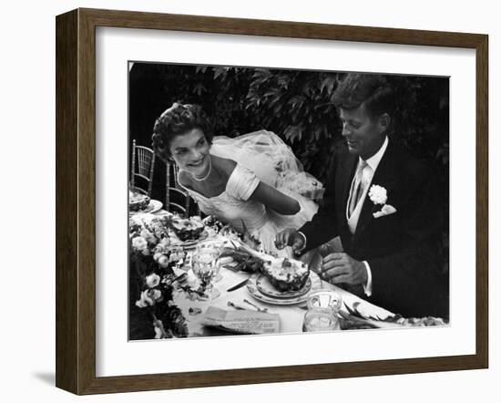 Senator John F. Kennedy and Bride Jacqueline Enjoying Dinner at Their Outdoor Wedding Celebration-Lisa Larsen-Framed Photographic Print