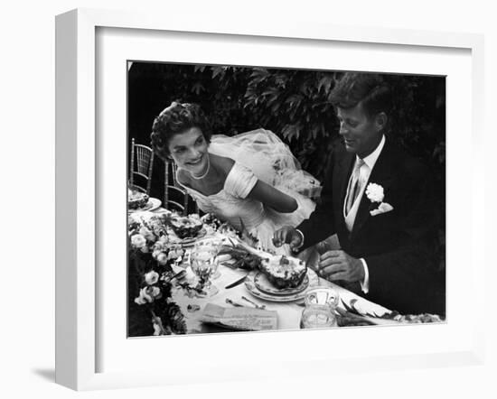 Senator John F. Kennedy and Bride Jacqueline Enjoying Dinner at Their Outdoor Wedding Celebration-Lisa Larsen-Framed Photographic Print
