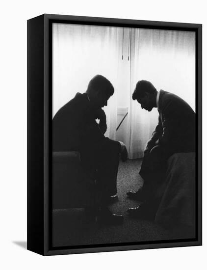 Senator John F Kennedy Conferring with His Brother and Campaign Organizer Bobby Kennedy-null-Framed Stretched Canvas