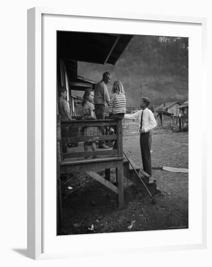 Senator John F. Kennedy Greeting Rural Family While Campaigning For President-Hank Walker-Framed Photographic Print