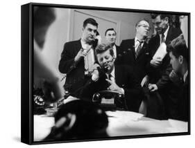 Senator John F. Kennedy Talking on the Phone Surrounded by Aides During the Primary Elections-Stan Wayman-Framed Stretched Canvas