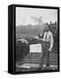 Senator Richard M. Nixon on Roof of Home in Los Angeles, Putting Out Fires Caused by Brush Blaze-Allan Grant-Framed Stretched Canvas