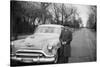 Senior Man with His Automobile on an Illinois Street, Ca. 1950-null-Stretched Canvas