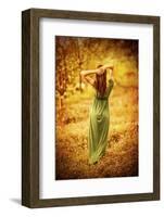 Sensual Nymph in Autumn Garden, Back Side of Sexy Girl Wearing Long Dress, Enjoying Autumnal Nature-Anna Omelchenko-Framed Photographic Print