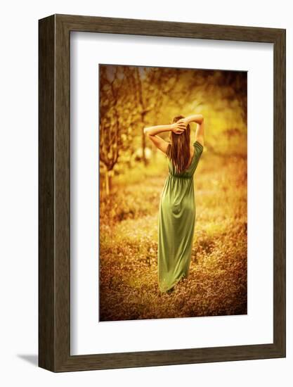 Sensual Nymph in Autumn Garden, Back Side of Sexy Girl Wearing Long Dress, Enjoying Autumnal Nature-Anna Omelchenko-Framed Photographic Print