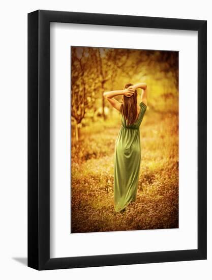Sensual Nymph in Autumn Garden, Back Side of Sexy Girl Wearing Long Dress, Enjoying Autumnal Nature-Anna Omelchenko-Framed Photographic Print