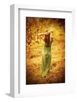 Sensual Nymph in Autumn Garden, Back Side of Sexy Girl Wearing Long Dress, Enjoying Autumnal Nature-Anna Omelchenko-Framed Photographic Print