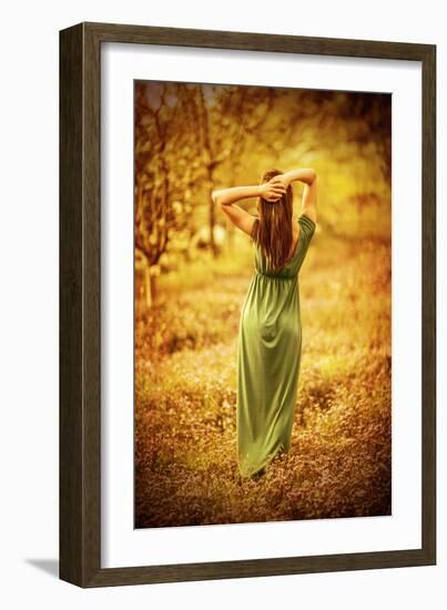 Sensual Nymph in Autumn Garden, Back Side of Sexy Girl Wearing Long Dress, Enjoying Autumnal Nature-Anna Omelchenko-Framed Photographic Print