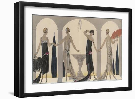 Sensually Draped Dresses with Narrow Beaded Straps Square Necklines and Detailing Over One Hip-Georges Barbier-Framed Photographic Print