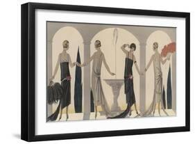 Sensually Draped Dresses with Narrow Beaded Straps Square Necklines and Detailing Over One Hip-Georges Barbier-Framed Photographic Print