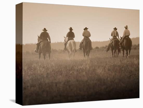 Sepia Effect of Cowboys Riding, Seneca, Oregon, USA-Nancy & Steve Ross-Stretched Canvas