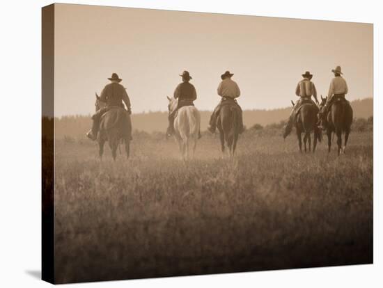 Sepia Effect of Cowboys Riding, Seneca, Oregon, USA-Nancy & Steve Ross-Stretched Canvas