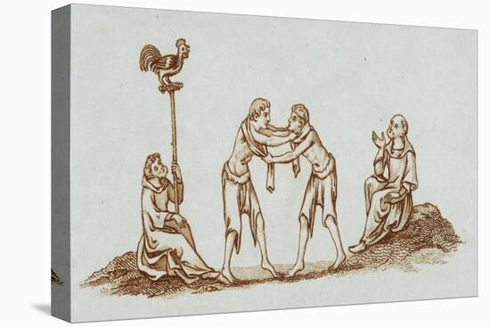 Sepia Engraving of 14th Century Scene with Wrestlers-null-Stretched Canvas