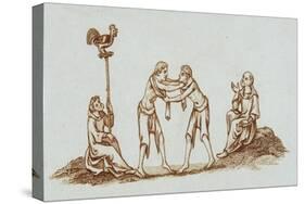 Sepia Engraving of 14th Century Scene with Wrestlers-null-Stretched Canvas