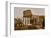 Sepia image of columns of the Forum and Colosseum or Roman Coliseum at dusk with streaked car li...-null-Framed Photographic Print