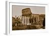 Sepia image of columns of the Forum and Colosseum or Roman Coliseum at dusk with streaked car li...-null-Framed Photographic Print