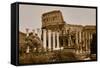 Sepia image of columns of the Forum and Colosseum or Roman Coliseum at dusk with streaked car li...-null-Framed Stretched Canvas