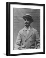 Sepia Tone of Bewhiskered Man of Fashion Sporting Straw Hat, Bow Tie and Houndstooth Check Coat-null-Framed Photographic Print