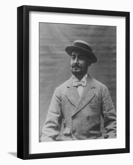 Sepia Tone of Bewhiskered Man of Fashion Sporting Straw Hat, Bow Tie and Houndstooth Check Coat-null-Framed Photographic Print