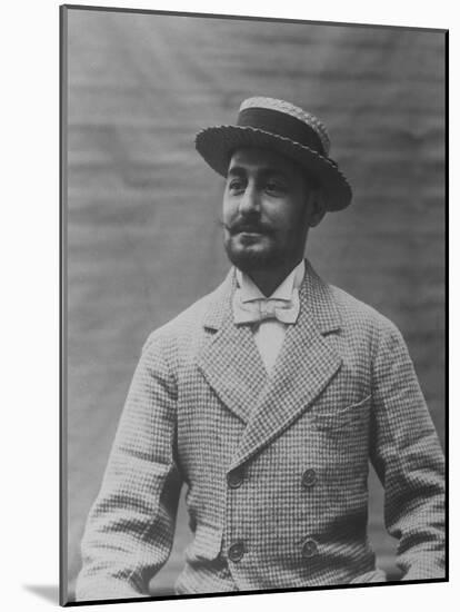 Sepia Tone of Bewhiskered Man of Fashion Sporting Straw Hat, Bow Tie and Houndstooth Check Coat-null-Mounted Photographic Print