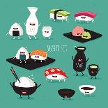 Funny Sushi Set. Bottle of Sake, Sushi, Rice, Soy Sauce. Vector Illustration.-Serbinka-Art Print