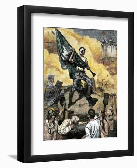 Sergeant Jasper with the South Carolina Flag at the Battle of Fort Moultrie, c.1776-null-Framed Giclee Print