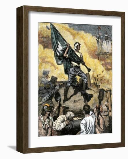 Sergeant Jasper with the South Carolina Flag at the Battle of Fort Moultrie, c.1776-null-Framed Giclee Print