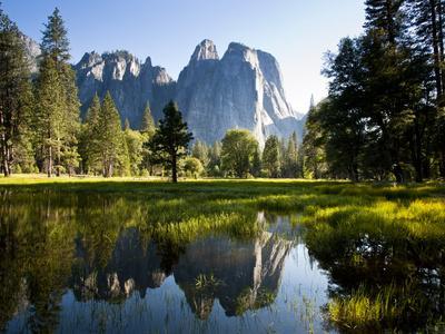 A Calm Reflection of the Cathedral Spires in Yosemite Valley in Yosemite, California