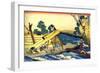 Serie De Cent Poemes De Cent Poetes :  Harumichi No Tsuraki  Charpentiers Au Travail - Estampe De K-Katsushika Hokusai-Framed Giclee Print