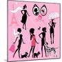 Set of Black Silhouettes of Fashionable Girls with their Pets - Dogs (Dalmatian, Terrier, Poodle, C-lian2011-Mounted Art Print