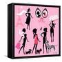 Set of Black Silhouettes of Fashionable Girls with their Pets - Dogs (Dalmatian, Terrier, Poodle, C-lian2011-Framed Stretched Canvas