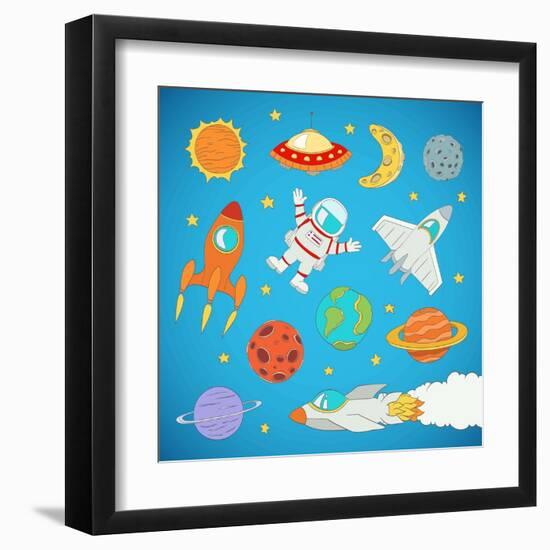 Set of Cartoon Cute Outer Space Astronaut, Planets, Rockets. Illustration-Natalia Pascari-Framed Art Print