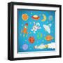 Set of Cartoon Cute Outer Space Astronaut, Planets, Rockets. Illustration-Natalia Pascari-Framed Art Print